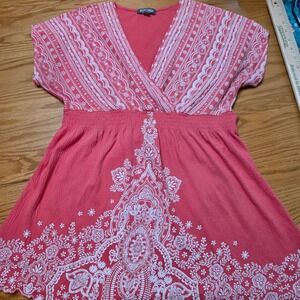 Roz & Ali Paisley Print Blouse Top V-Neck Short Sleeve Coral Pink Size L